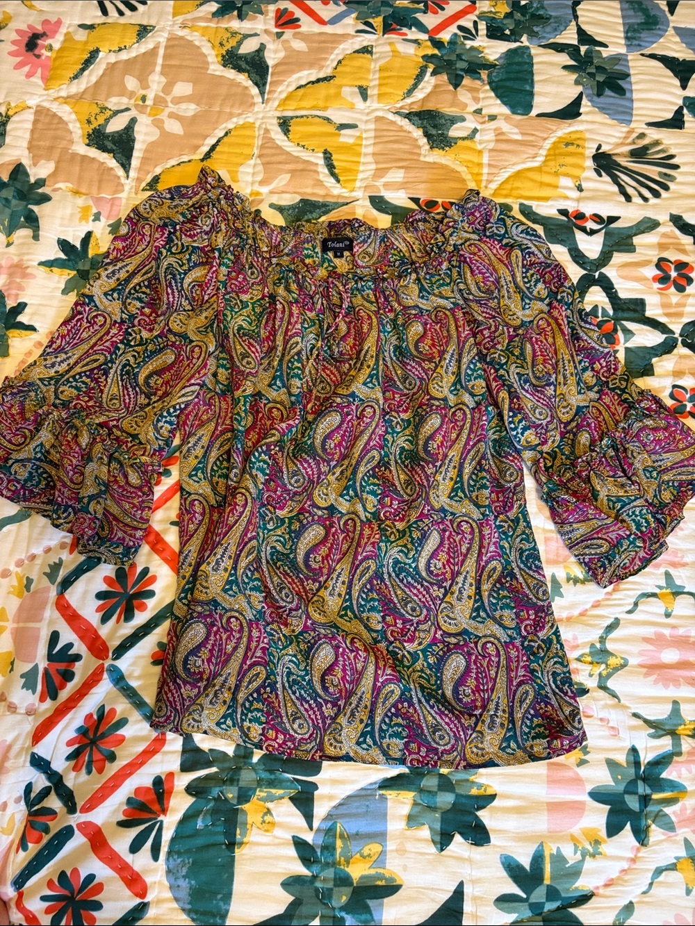 Tolani Multicolor Paisley Peasant Blouse - Pink, Yellow, Green, Blue